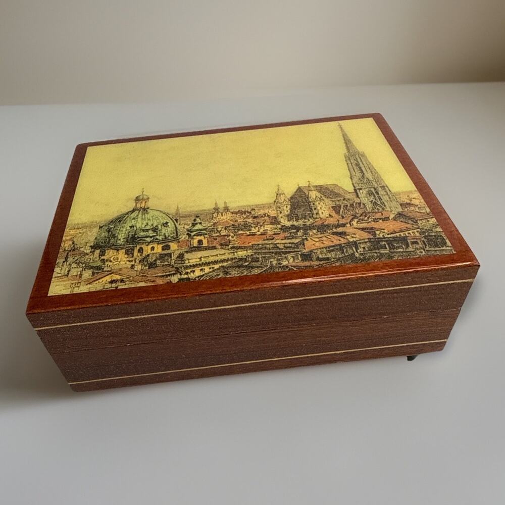 Vintage Austrian Wood Music Jewelry Box Vienna Panorama Blue Danube Reuge?